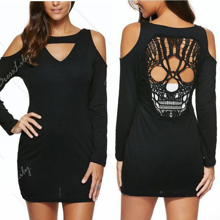 Women's Skull Off Shoulder Long Sleeve T-Shirt Dress - Street Dreams USA