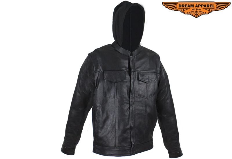 Black Leather Jacket with Removable Sleeves & Hoodie