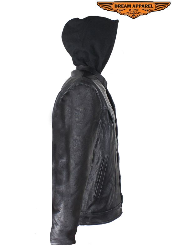 Black Leather Jacket with Removable Sleeves & Hoodie