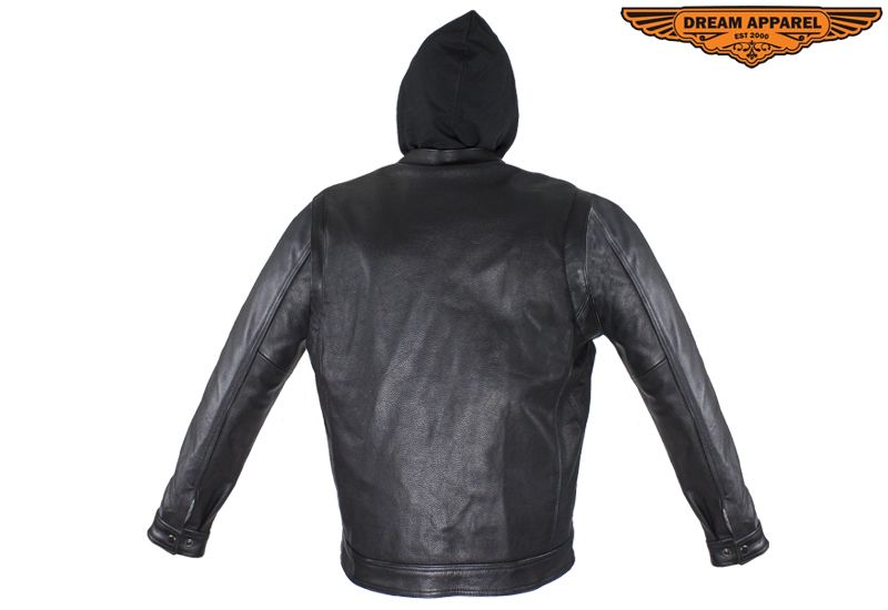 Black Leather Jacket with Removable Sleeves & Hoodie