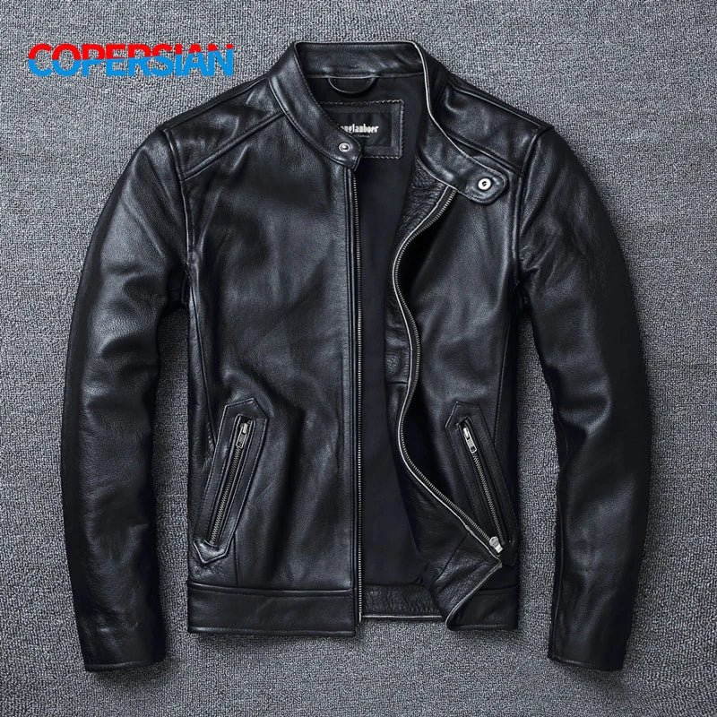 Men's Cowhide Racer Motorcycle Jacket - Black Bikers Leather Jacket