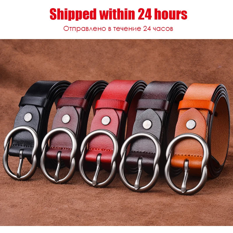 Women's Natural Cowhide Leather Belt with Alloy Silver Pin Buckle