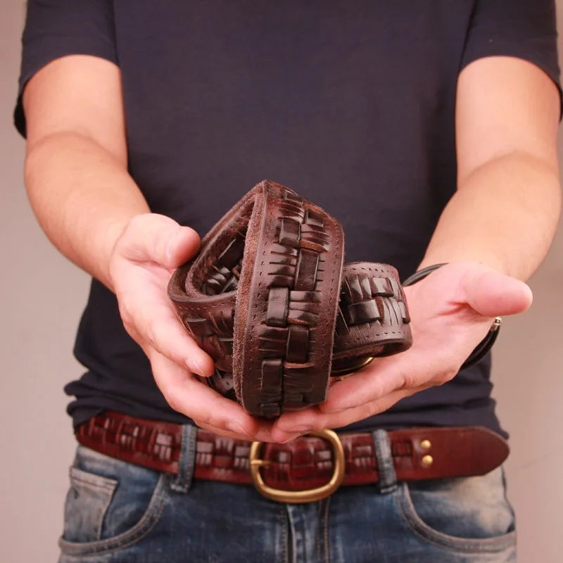 Men's Handmade Leather Weave Belt With Copper Buckle