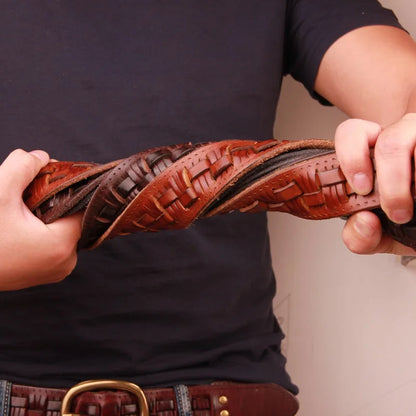 Men's Handmade Leather Weave Belt With Copper Buckle