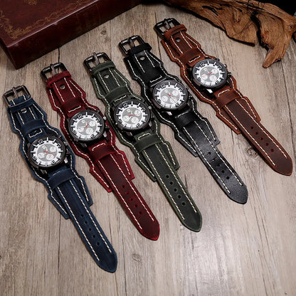 Men's Genuine Leather Wide Watchband Wristwatch