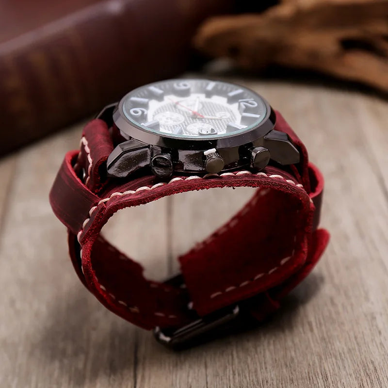 Men's Genuine Leather Wide Watchband Wristwatch