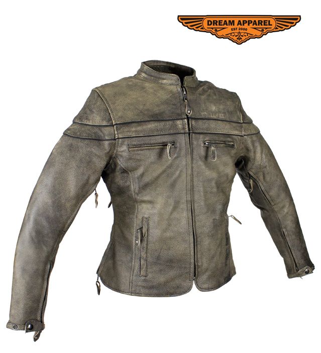 Women's Distressed Brown Naked Cowhide Leather Jacket With Concealed Carry Pockets