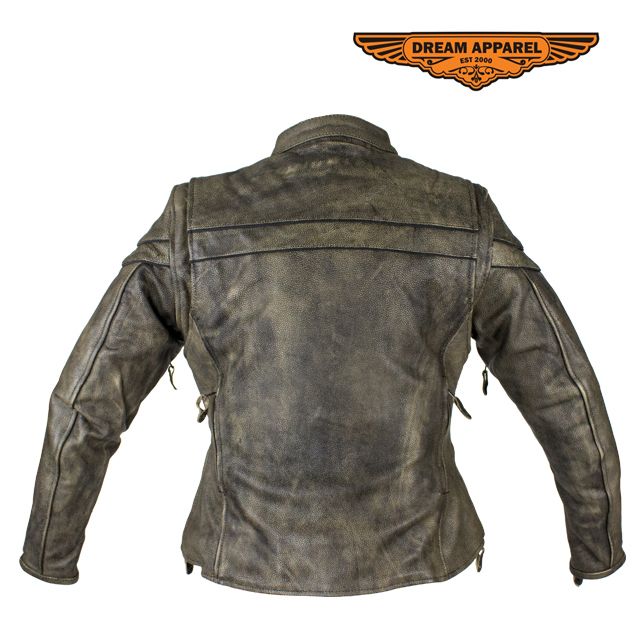 Women's Distressed Brown Naked Cowhide Leather Jacket With Concealed Carry Pockets