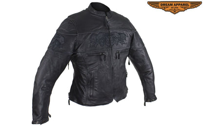 Women's Leather Motorcycle Jacket With Reflective Skulls