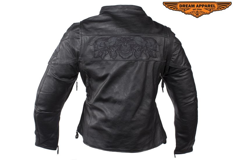 Women's Leather Motorcycle Jacket With Reflective Skulls