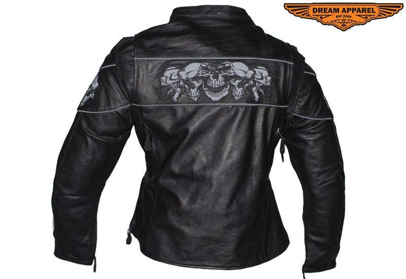 Women's Leather Motorcycle Jacket With Reflective Skulls