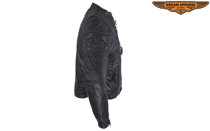 Women's Leather Motorcycle Jacket With Reflective Skulls