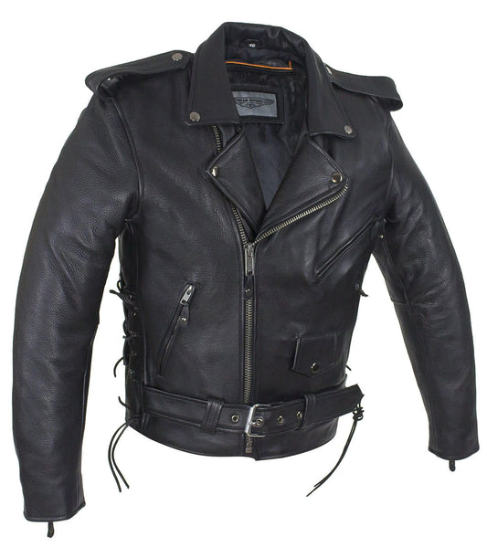 Men's Classic Police Style Motorcycle Jacket With Side Laces, Conceal Carry Gun Pockets & Zip-out Lining