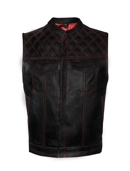 Men's Leather Club Front Zipper Vest with Red Thread & Red Paisley Lining