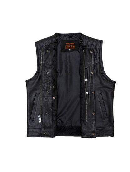 Men's Zippered 1/2" Collar Motorcycle Club Vest with Diamond Padded Shoulder Conceal Carry Pockets