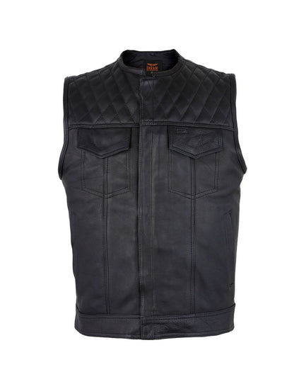 Men's Zippered 1/2" Collar Motorcycle Club Vest with Diamond Padded Shoulder Conceal Carry Pockets