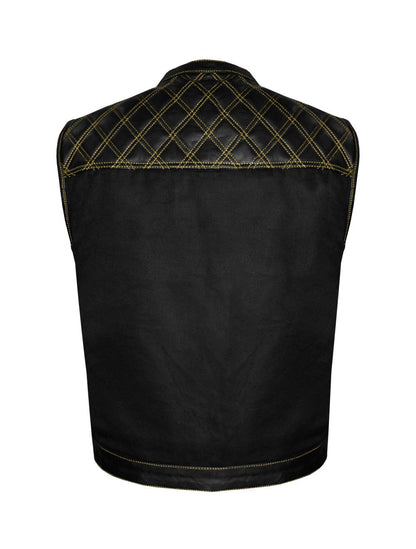 Men's Black Club Diamond Design Vest With Yellow Thread Accent