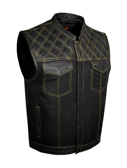 Men's Black Club Diamond Design Vest With Yellow Thread Accent