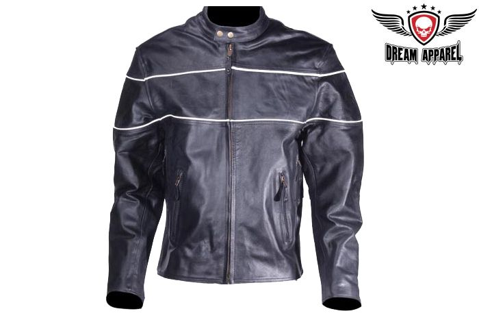 Men's Black Leather Motorcycle Jacket With Reflective Stripes