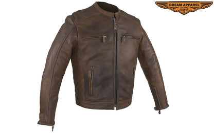 Men's Brown Naked Cowhide Leather Jacket with Diamond Detail