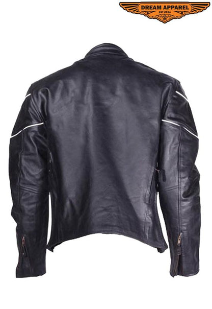 Men's Black Leather Motorcycle Jacket With Reflective Stripes