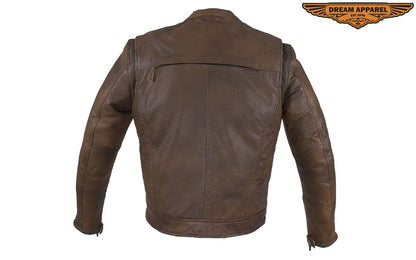 Men's Brown Naked Cowhide Leather Jacket with Diamond Detail