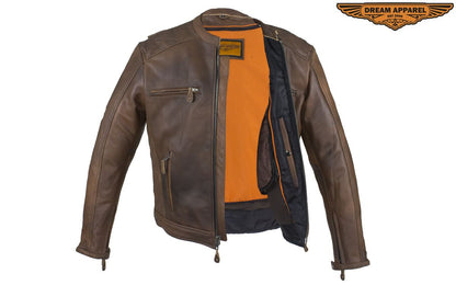 Men's Brown Naked Cowhide Leather Jacket with Diamond Detail