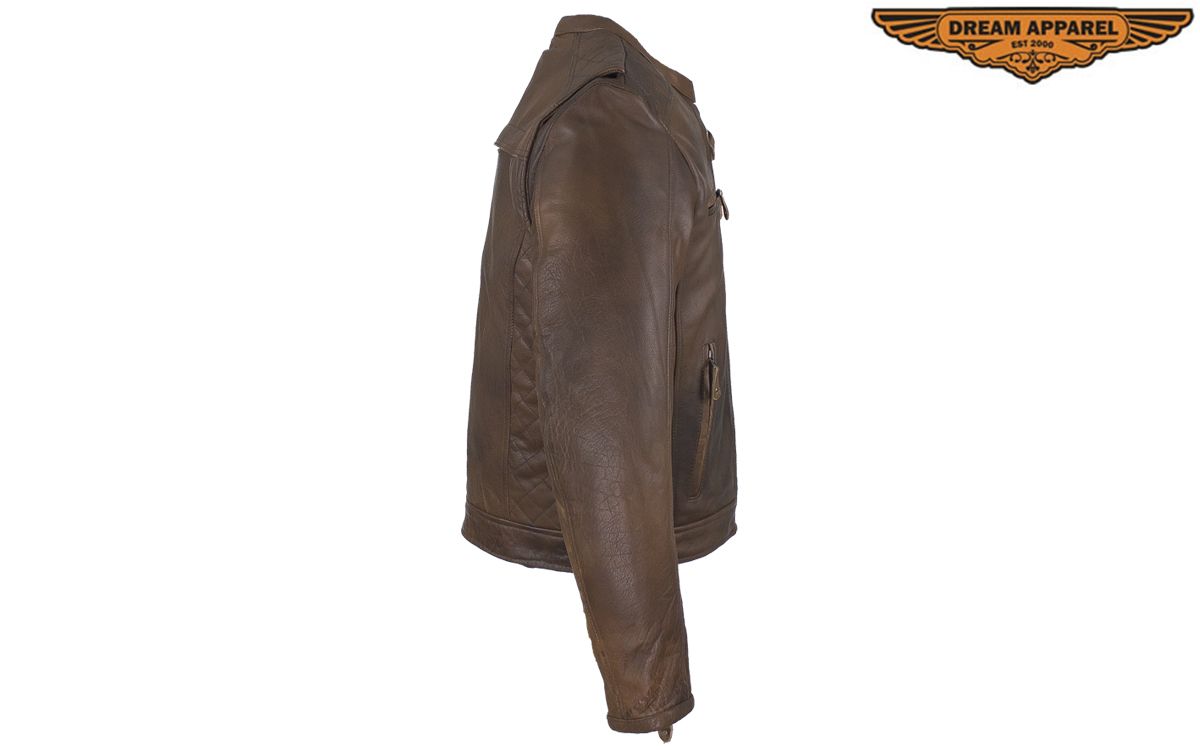 Men's Brown Naked Cowhide Leather Jacket with Diamond Detail