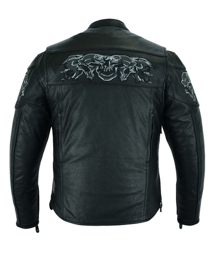 Men's Leather Concealed Carry Jacket with Reflective Skulls