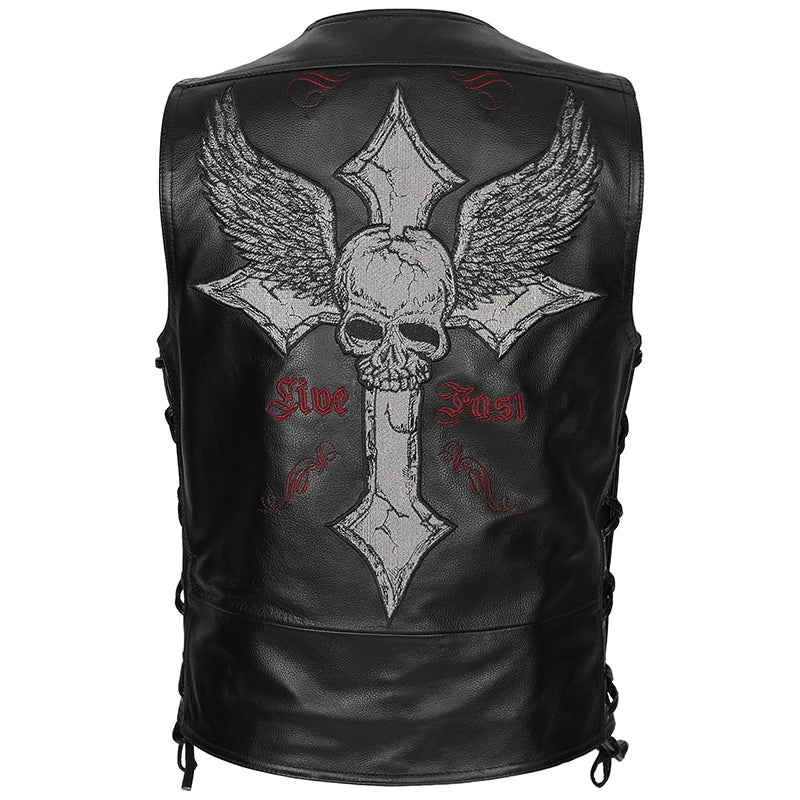 Harley Cowhide Cross Motorcycle Vest - Bike Lovers Skull Jacket 2024