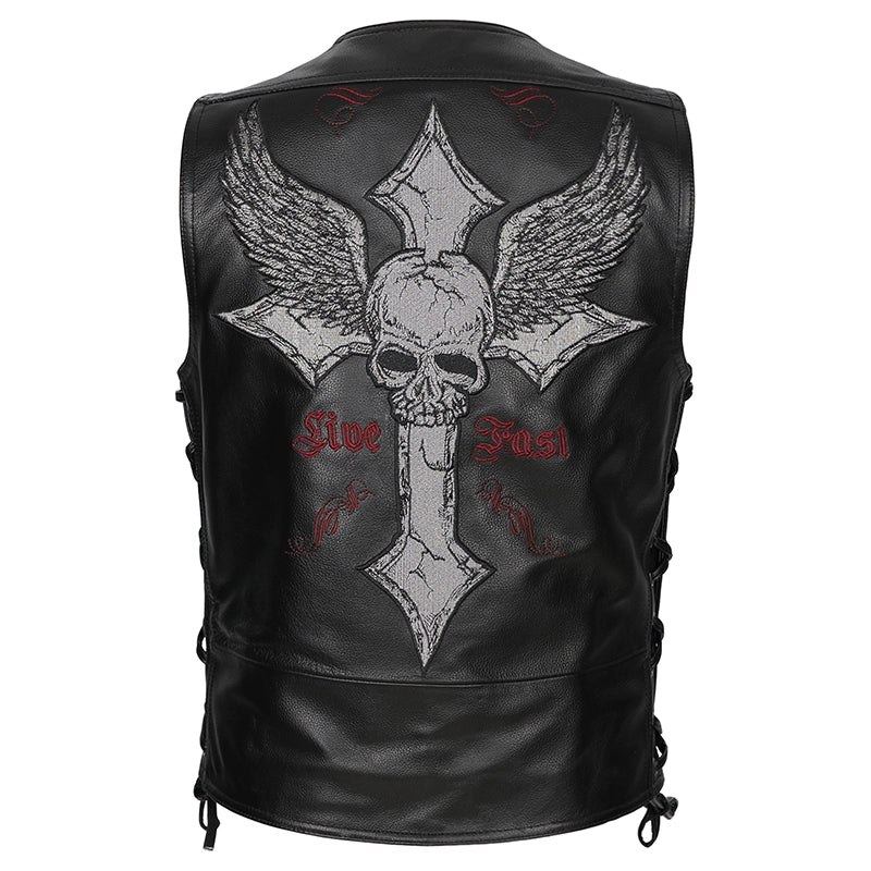 Harley Cowhide Cross Motorcycle Vest - Bike Lovers Skull Jacket 2024