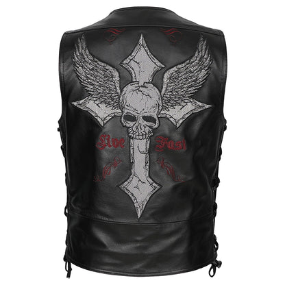 Harley Cowhide Cross Motorcycle Vest - Bike Lovers Skull Jacket 2024