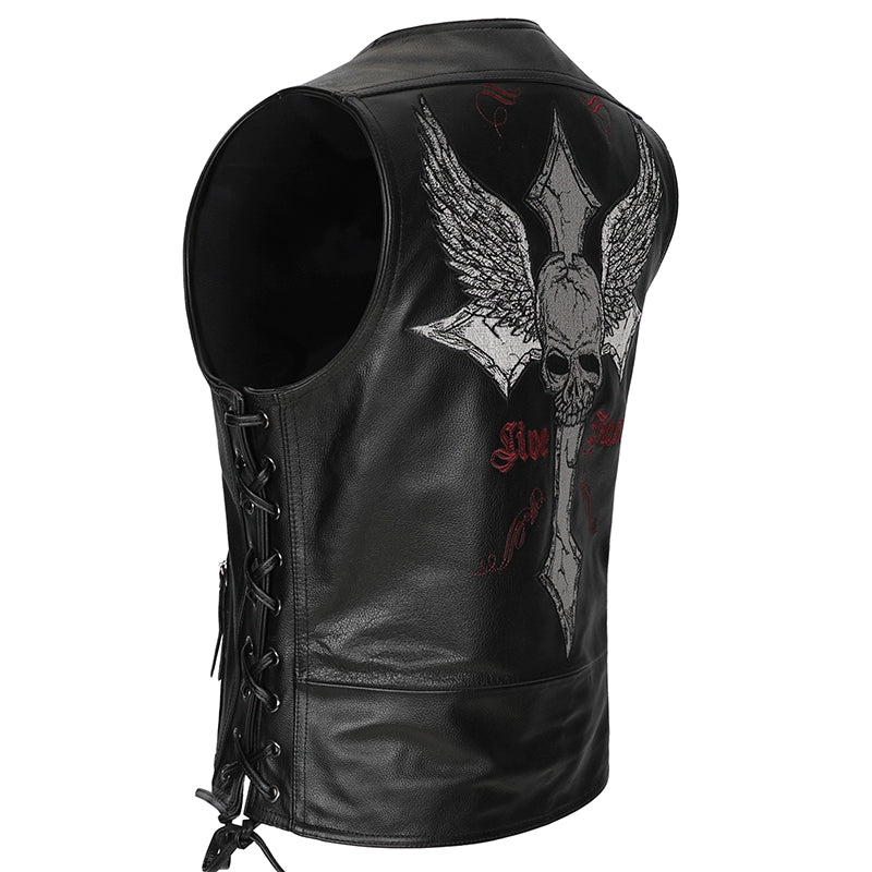 Harley Cowhide Cross Motorcycle Vest - Bike Lovers Skull Jacket 2024