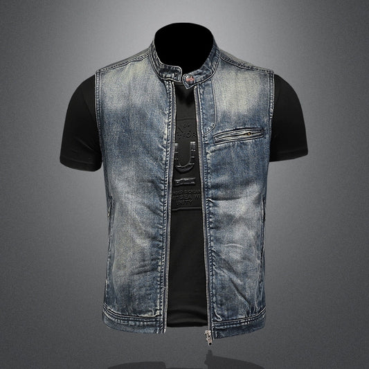 Men's Vintage Denim Zipper Motorcycle Vest - Bikers Sleeveless Jacket