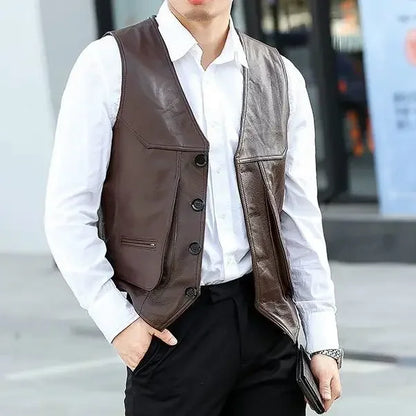 Men's Genuine Leather Motorcycle Vest -  Brown Waistcoat 