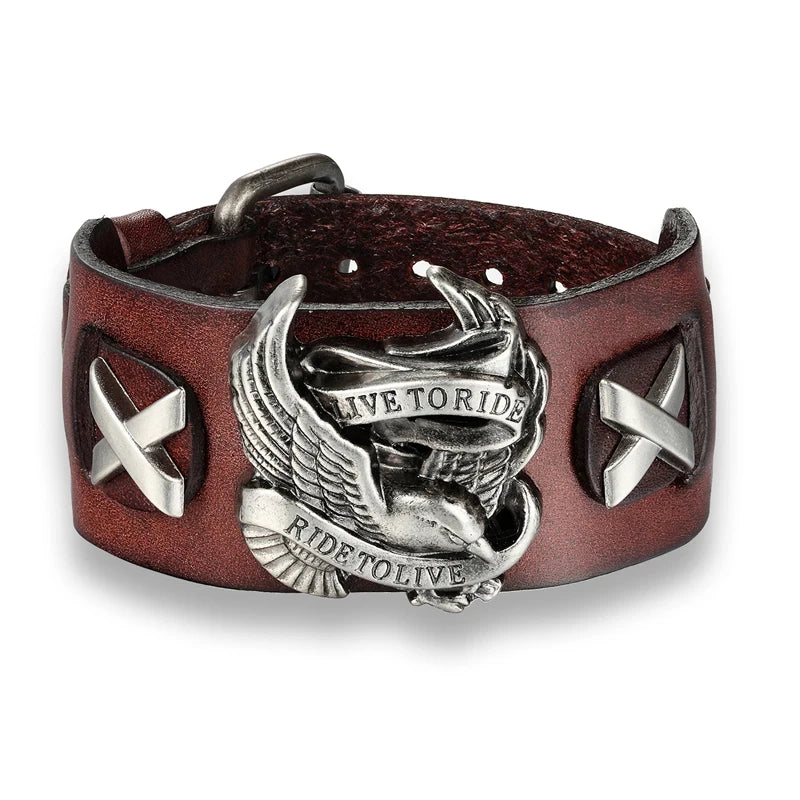 Genuine Leather Live to Ride--Ride to Live Bracelet - Bikers Jewelry