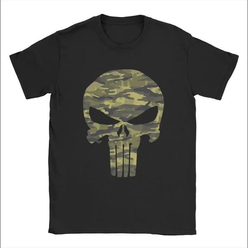 Men's Skull Print Cotton Short Sleeve T-shirt - Black Summer top 2024