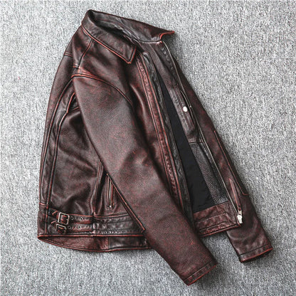 Fortime Men's Genuine Cowhide Distressed Leather Jacket 2024