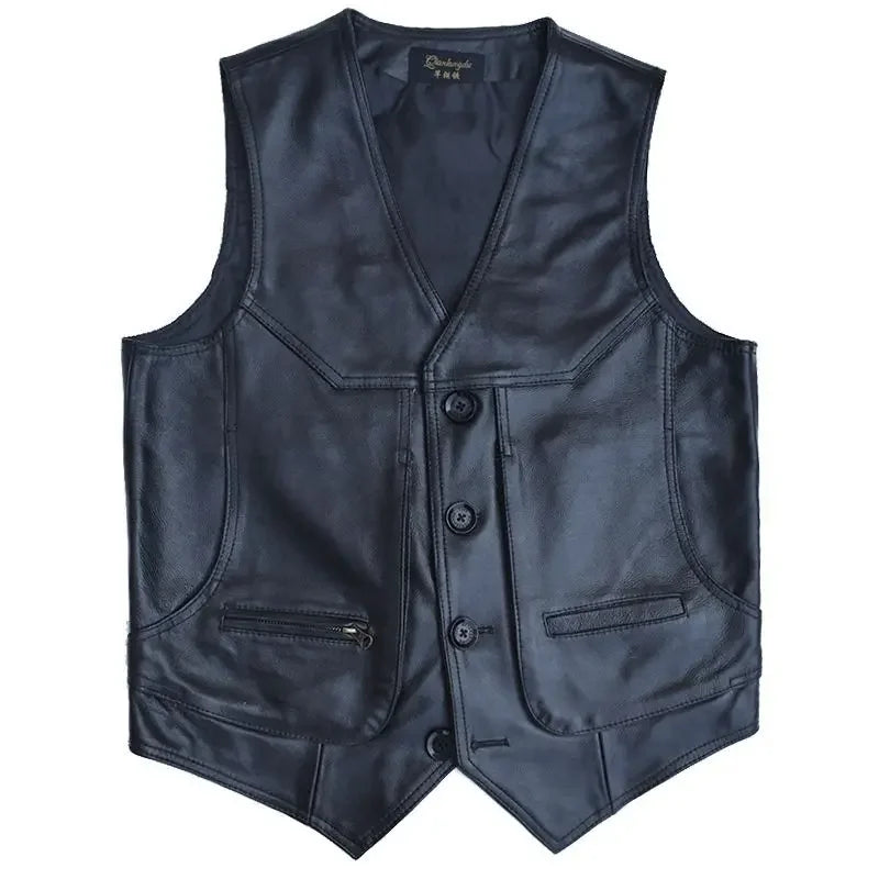 Men's Genuine Leather Motorcycle Vest - Black Waistcoat 