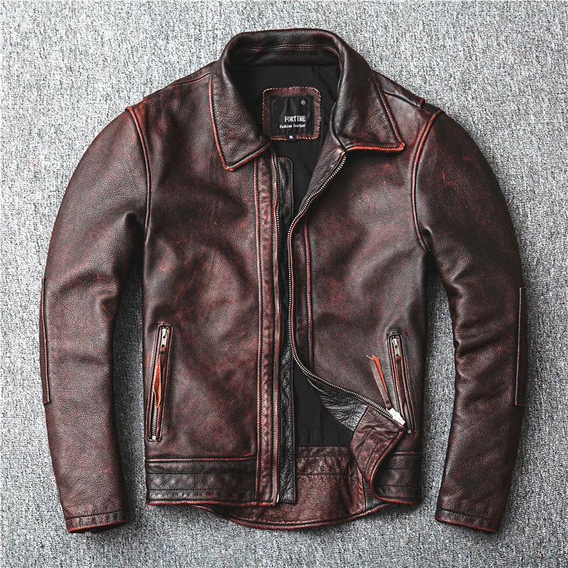 Fortime Men's Genuine Cowhide Distressed Leather Jacket 2024