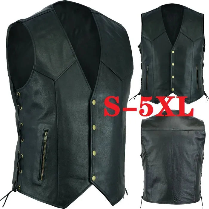 Men's Leather Motorcycle Vest - Bikers Black Sleeveless Jacket 2024