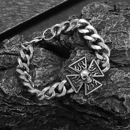 Stainless Steel Flame Cross Skull Bracelet - Street Dreams USA