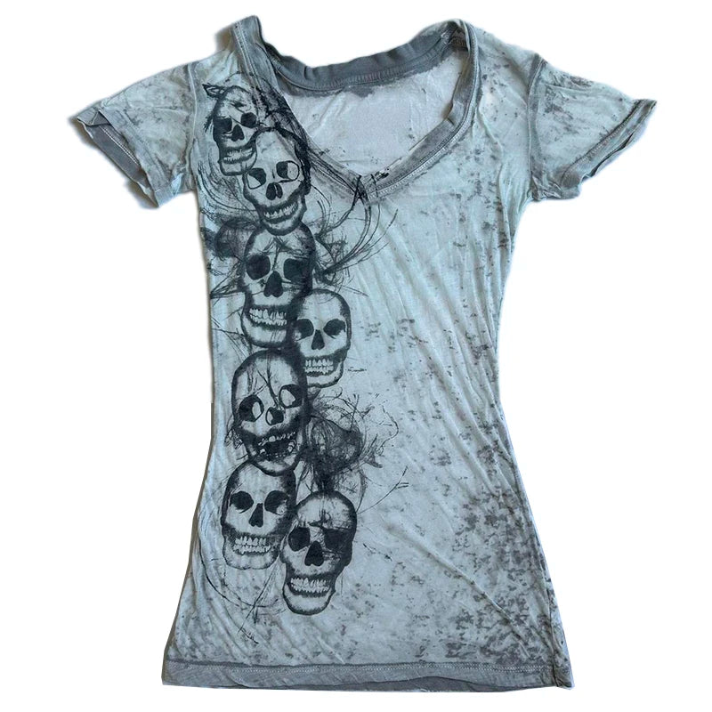 Women's Graphic V-neck Skull Print T-shirt - Street Dreams USA