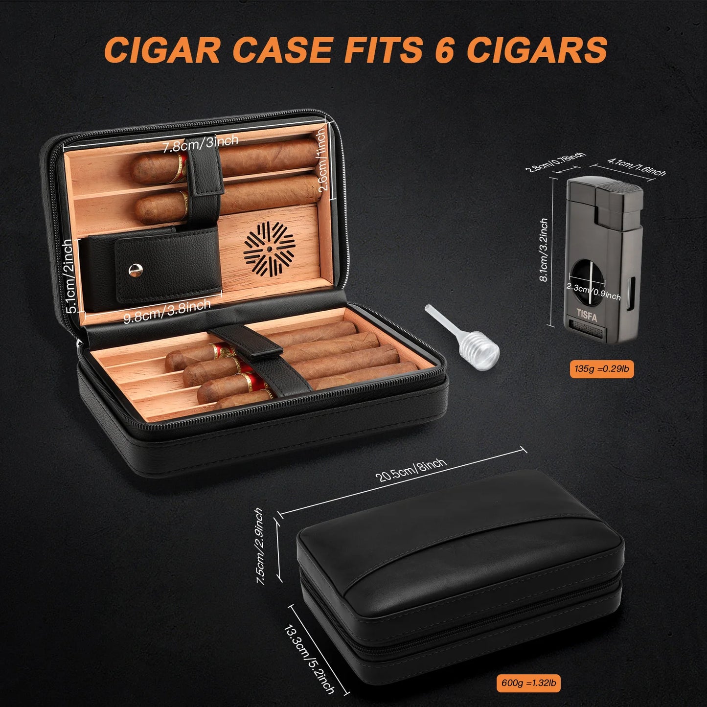 Travel Cedar Wood Cigar Humidor Case with V-Cut Cutter and Cigar Lighter - Street Dreams USA