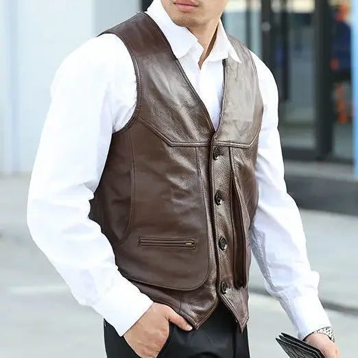 Men's Genuine Leather Motorcycle Vest - Black and Brown Waistcoat 