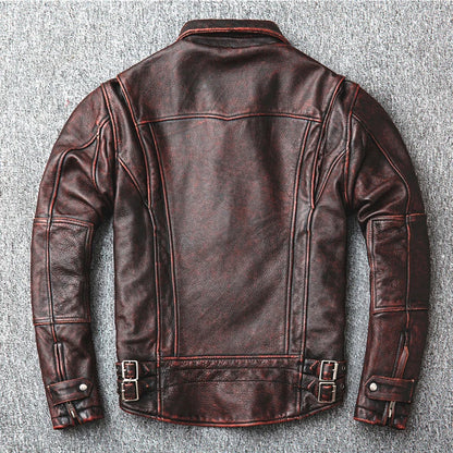 Fortime Men's Genuine Cowhide Distressed Leather Jacket 2024