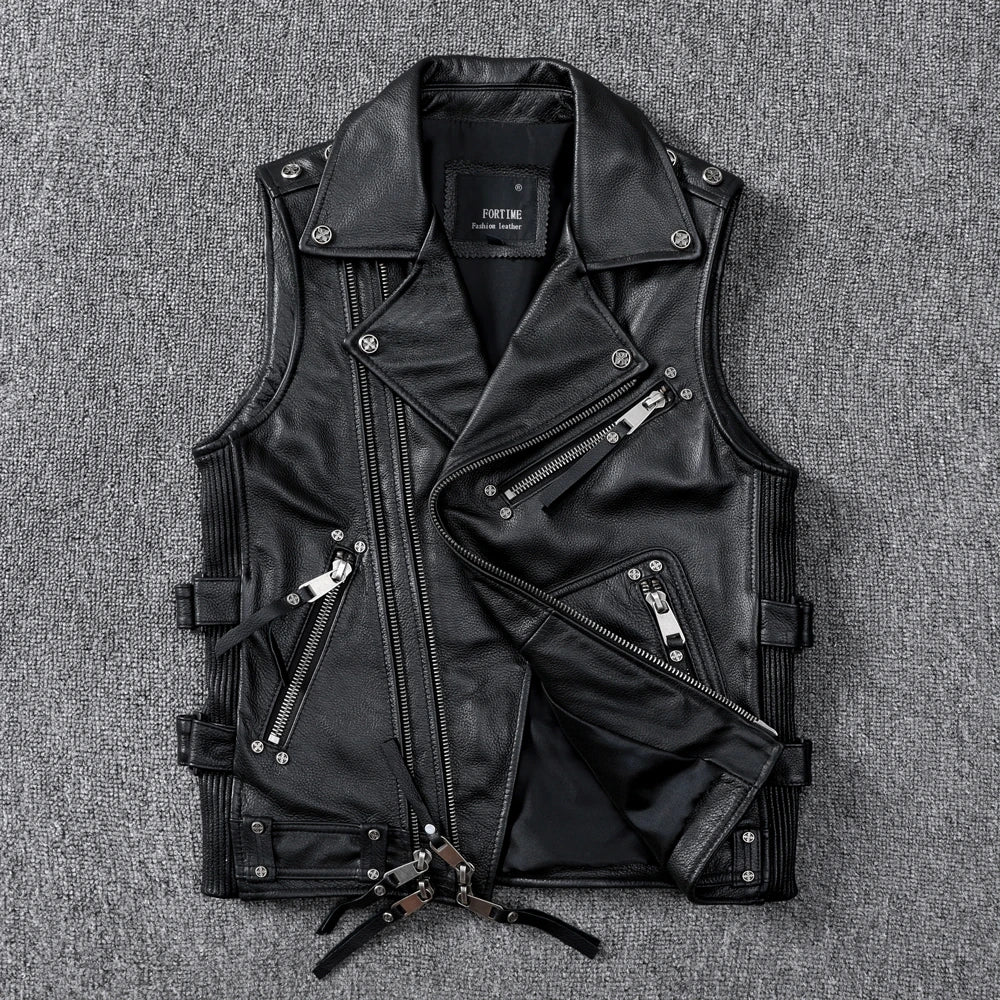 Men's Black Leather Motorcycle Vest - Street Dreams USA