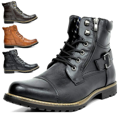 Men's Retro Leather Double Zipper Motorcycle Boots - Cowboy Shoes 2024