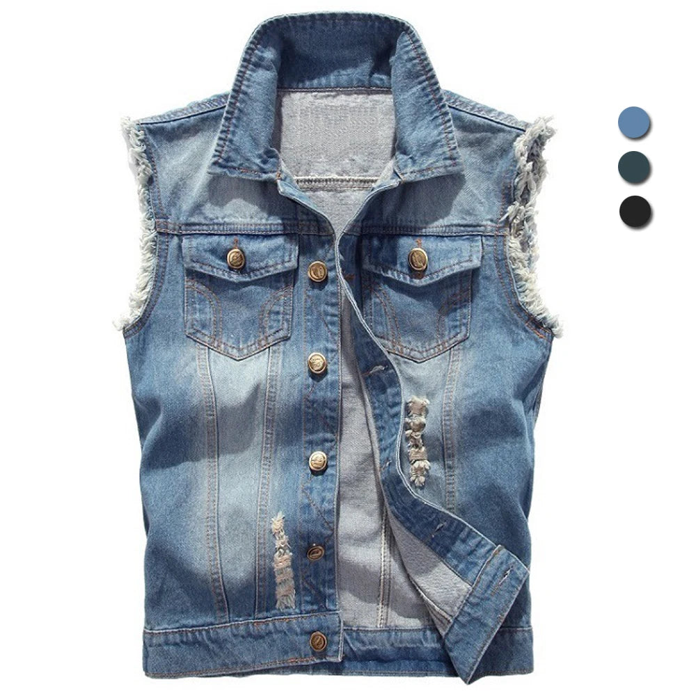 Men's Denim Ripped Jean Jacket Vest - Street Dreams USA