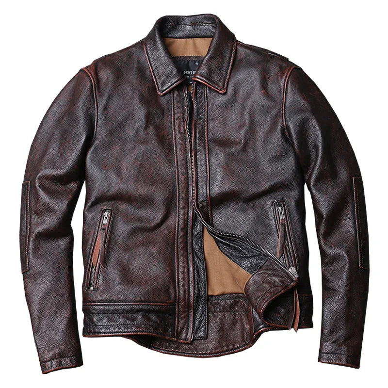 Fortime Men's Genuine Cowhide Distressed Leather Jacket 2024